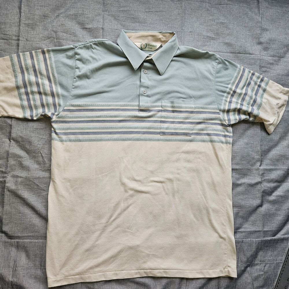 Palmland Club Mens XL Polo Shirt Blue Beige Striped Pocket Golf Casual Vintage
